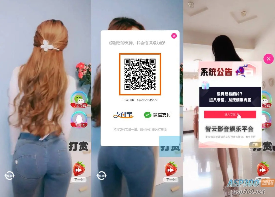 H5随机短视频滑动版带打赏源码